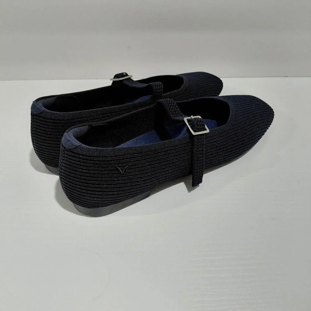 Vivaia Margot Mary Jane Flats Navy Blue Ribbed Knit Square Toe Sustainable 39.5 - Picture 9 of 13